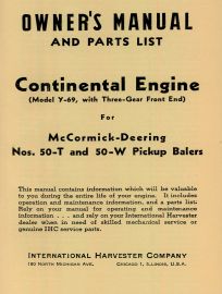 Owners Manual for McCormick Y-69 Continental Engine Used in McCormick-Deering Balers