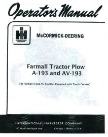 Operators Manual for McCormick-Deering Farmall A-193 & AV-193  Tractor Plow