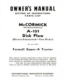 Owners Manual for McCormick A-151 Two-Disk Plow for Super A