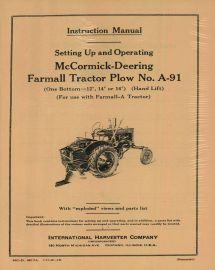 Instruction Manual for McCormick-Deering Farmall A-91 One-Way, One-Bottom Tractor Plow