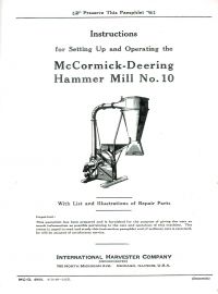 Instructions for McCormick-Deering No. 10 Hammer Mill with Parts List