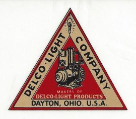 Delco Light Decal in Red and Gold with Black Letters