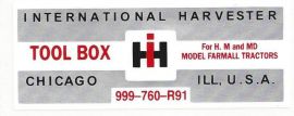 Tool Box Decal Used on Farmall H, M and MD Models