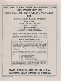 Operators Manual for David Bradley Garden Tractors Speed Changer and Reverse Attachment